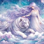 A mystical white tiger and a girl with lilac color hair. Dreamscape tarot inspired card #8 Strength
