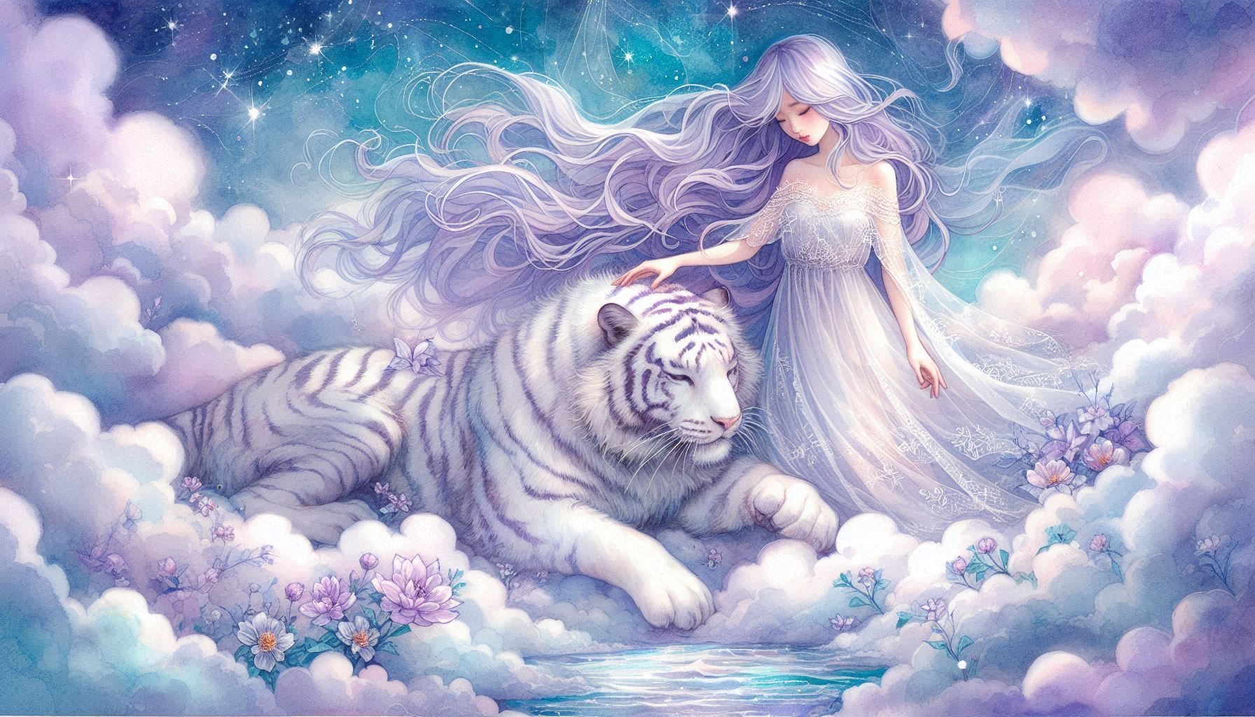 A mystical white tiger and a girl with lilac color hair. Dreamscape tarot inspired card #8 Strength